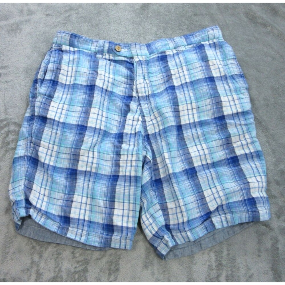 Tommy Bahama Shorts Mens 36 Blue Plaid Gray Reversible 100% Linen w/ Pockets
